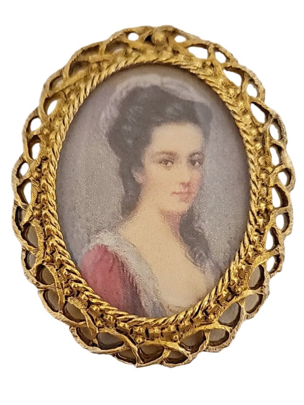 Florenza Gold Tone Cameo Print Lady's Portrait Brooch Pendant, Signed K565